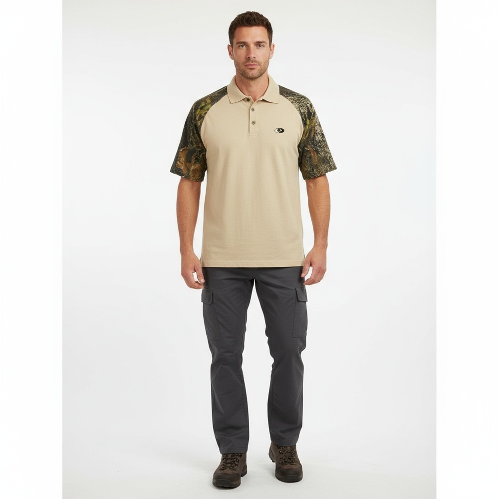 Mossy Oak Ranger Polo Shirt Men Medium Beige Camo‎ Outdoor Hunting Activewear